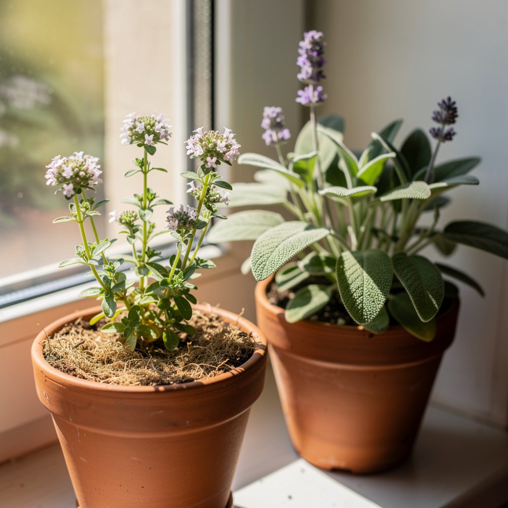 Maggiorana e salvia nei vasi sul davanzale soleggiato Maggiorana e salvia nei vasi sul davanzale soleggiato