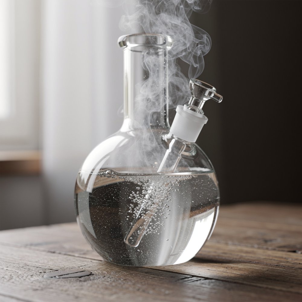 Bong d'acqua in vetro con acqua e fumo