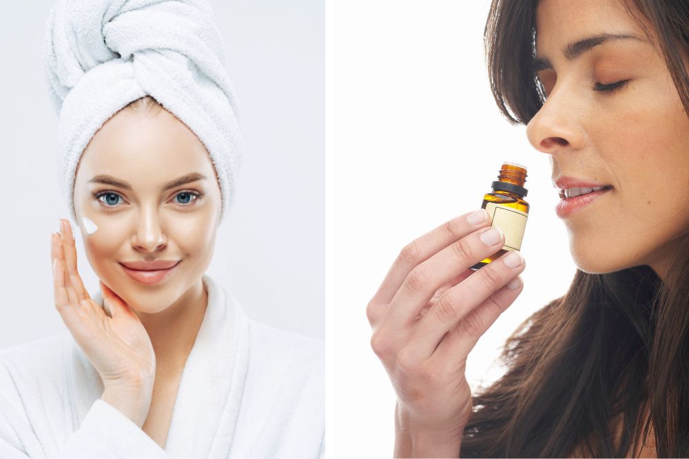 Donna che applica una crema con olio essenziale di lavanda e annusa un flaconcino in aromaterapia: cura naturale della pelle.