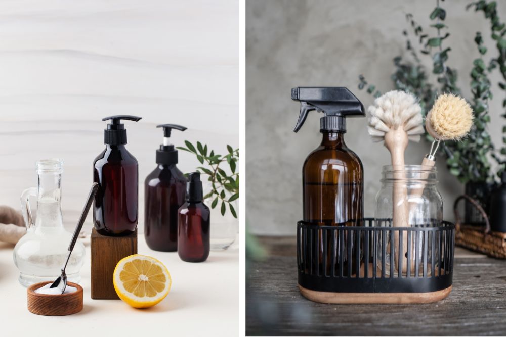 Detergenti naturali con olio di limone sul piano della cucina